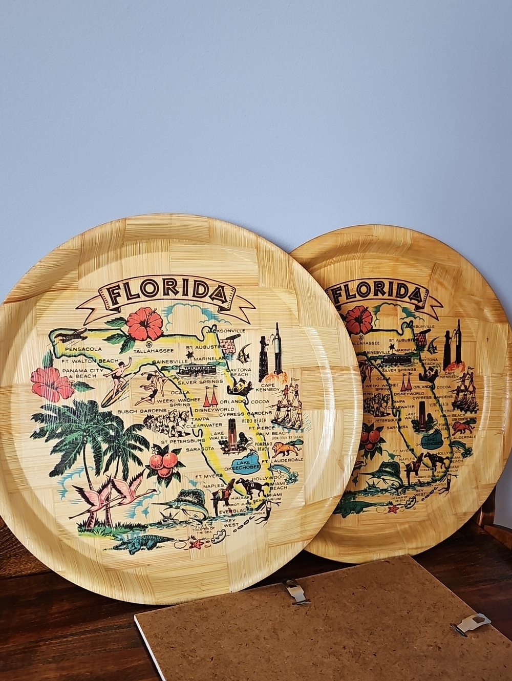 Two Florida Souvenir Bamboo Serving Tray - Colorful Map Design